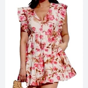 Abercrombie & Fitch Large Floral Pink Tiered Mini Babydoll Dress w/ POCKETS